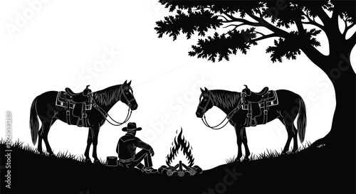 Cowboy resting by campfire with horses under tree, western landscape black silhouette vector illustration, ranch life and wilderness adventure concept