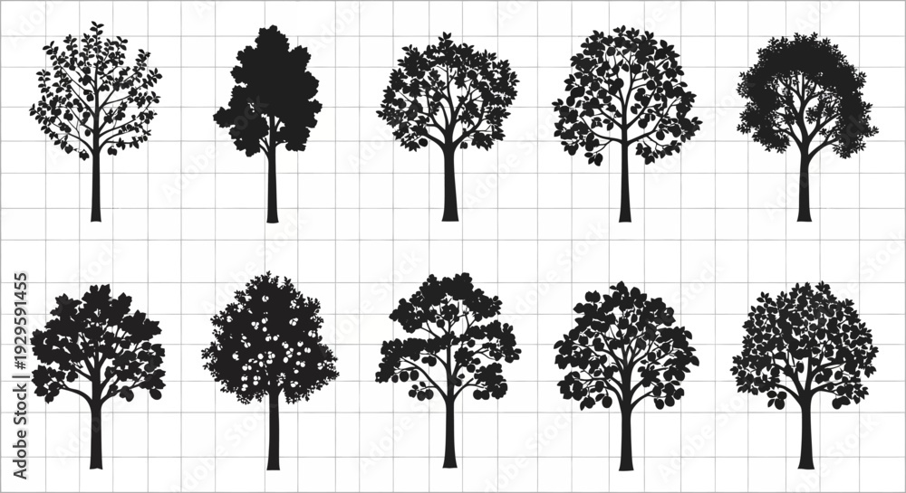 Fototapeta premium Collection of black tree silhouettes on grid background for design and decoration purposes