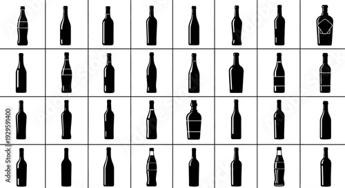 Collection of various wine and liquor bottles in black silhouettes on white background for design use