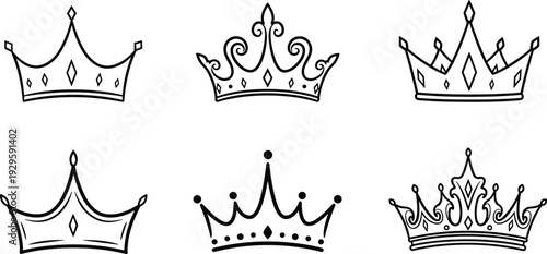 Set of hand drawn crown doodles and royal symbols in black line art style isolated on white background for designs.