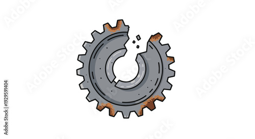 A cartoon illustration of a broken and rusty metal gear with missing teeth, symbolizing malfunction or wear and tear.