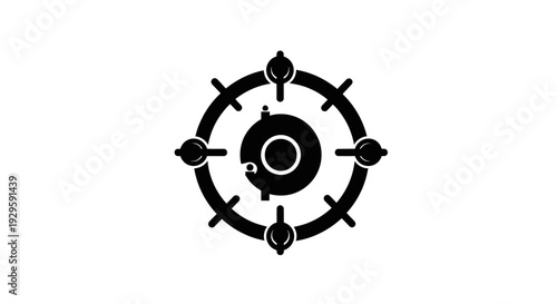 Black ship wheel icon with six spokes on white background for navigation design