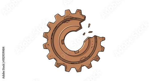 Detailed illustration of a single, old, rusty, and broken metallic gear with missing teeth and fragments scattering.