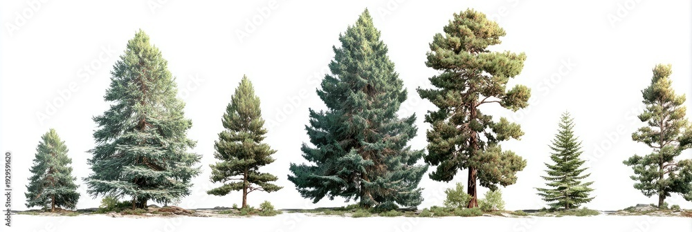 Obraz premium Seven coniferous trees of varying heights and types stand on a white background