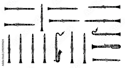 Collection of various historical woodwind instruments illustrated in black silhouette on white background