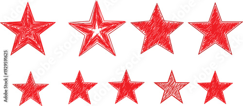 Set of hand drawn red pencil sketch stars and star shapes isolated on white background for highlighting awards and designs.