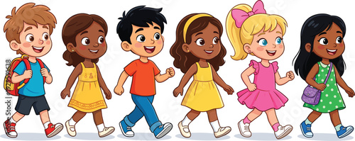 Children vector illustration with diverse kids walking happily in colorful outfits—ideal for educational artwork, school branding, lifestyle design and inclusivity themed creative projects