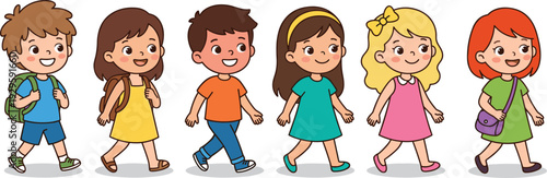 Children vector illustration with diverse kids walking in colorful outfits and smiling expressions