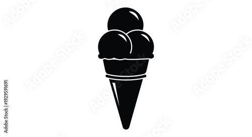 A striking black silhouette depicts a classic two scoop ice cream cone against a bright white background silhouette high quality