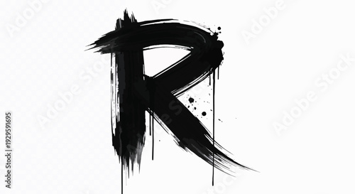 Bold black brushstroke letter R with grunge drips and splatters on a white background, showcasing an artistic and raw typographic design.