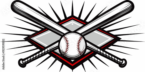 Crossed baseball bats and ball with dynamic radial burst design