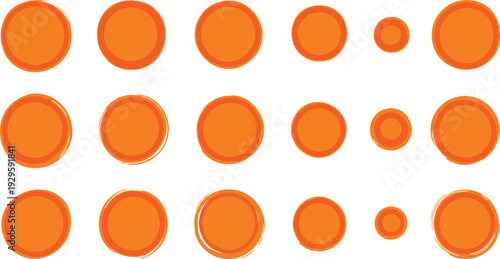 Set of orange hand drawn brush stroke circles and round paint spots isolated on white background for creative graphic designs.