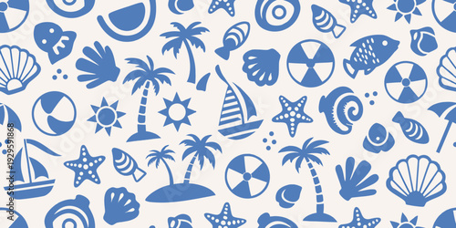 Blue summer themed seamless pattern with beach icons and tropical elements
