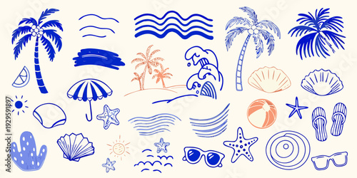 A collection of blue line art illustrations depicting summer and beach themes