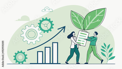 Business team analyzing growth and sustainability in modern office