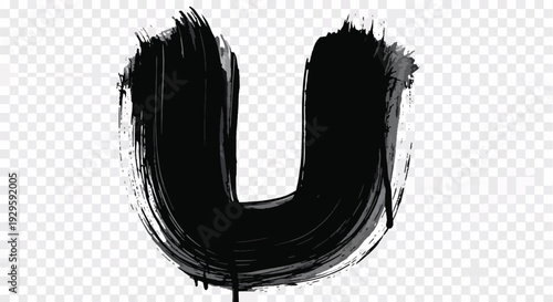 Bold black brush stroke forming the letter U with a textured and slightly dripping effect on a transparent background.