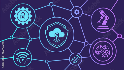 Secure cloud network with interconnected technology and innovation icons