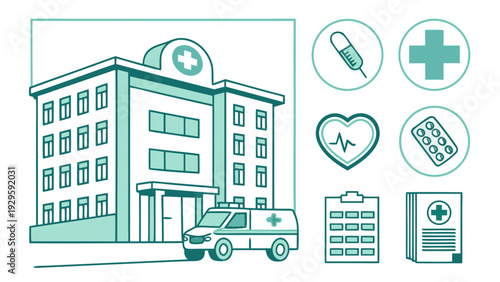 Modern hospital building with ambulance and medical icons