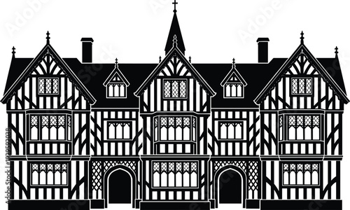 Black silhouette of traditional Tudor style mansion architecture with timber framing and gabled roofs isolated on white background for historical and heritage design