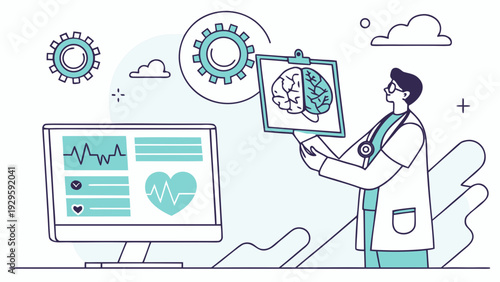 Doctor presenting brain scan on clipboard with medical data on screen
