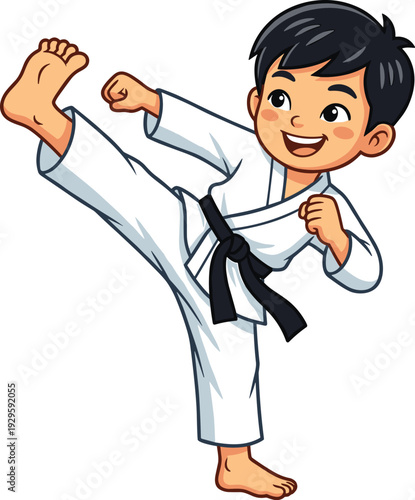 PrintMartial arts vector illustration with karate athlete performing high kick in traditional gi and black belt—ideal for sports artwork, lifestyle branding, fitness design and educational projects