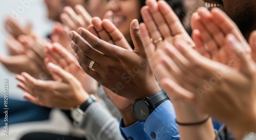 Group of people clapping together in an indoor setting with hands raised