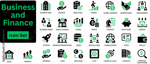 Silhouette vector of  Business and Finance icon set. Business icon set. Icons of finance, marketing, startup, corporate strategy, teamwork, and management. Solid icons set.