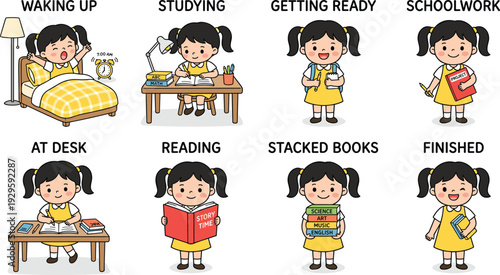 Student daily routine vector illustration with girl studying, reading and completing schoolwork