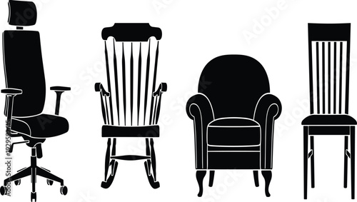 Black and White Furniture Silhouette Set Including Office Chair Rocking Chair Armchair and Dining Chair Isolated on White Background for Interior Design