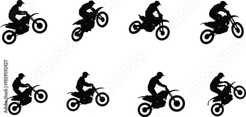 Silhouettes of dirt bike rider performing stunts, motocross jump sequence illustration, extreme sports motion design, dynamic motorcycle action poses for animation and adventure concepts