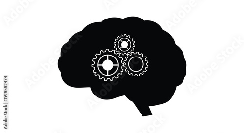 A black silhouette of a human brain incorporates interlocking gears symbolizing thought processes and complex mental function silhouette