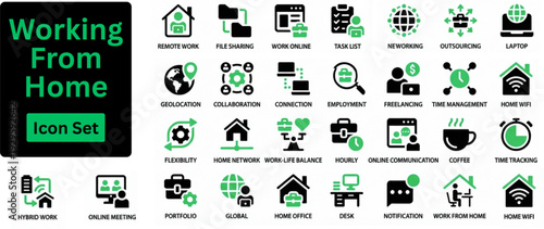 Silhouette vector of Working From Home icon set. Home Office Icon Set. Set Logo of working from home. home office setup with monitor. harmonious logo. Remote Work Icons. Solid icons set.