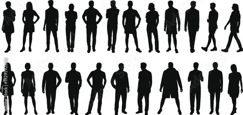 Silhouettes of diverse people standing in various poses, casual and semi-formal attire illustration, human posture and body language design for diversity and group concepts