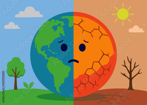 Minimal Flat Vector Illustration of Climate Change Concept — Split Earth with Healthy Nature and Global Warming Drought Landscape, Environmental Crisis Awareness Design
