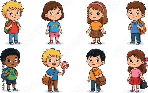 Children student vector illustration with diverse kids in colorful outfits carrying backpacks and accessories