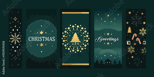 Four festive christmas card designs with stars trees and greetings