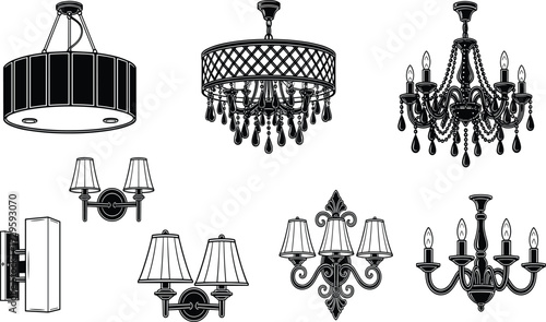 Black Chandelier and Sconce Vector Set with Luxury Pendant Lamps Crystal Lighting Fixtures and Modern Wall Lights for Interior Design Decor Projects