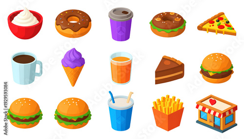 A vibrant assortment of various food items and drinks, including burgers, fries, and desserts. isolated on transparent background