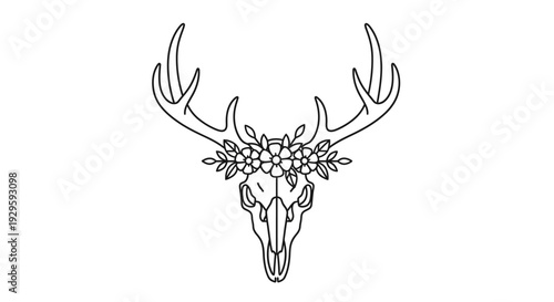 Deer Skull with Antlers and Flowers.