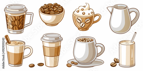 Various coffee beverages and accompaniments illustrated in a cartoon style