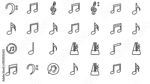 Collection of minimalist music education and notation line art icons