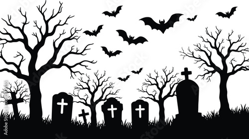 Black silhouette of a spooky graveyard at night with flying bats, leafless trees, and cemetery headstones isolated on white background for Halloween party and horror design.