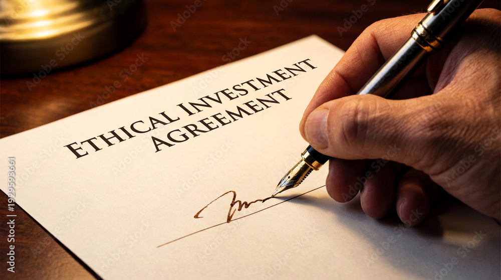 Fototapeta premium Close-up of a Hand Signing an Ethical Investment Agreement with a Fountain Pen on a Wooden Desk
