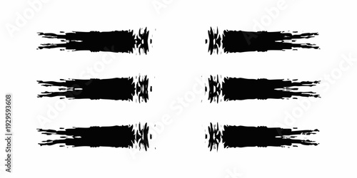 Abstract arrangement of six black textured rectangular shapes on white