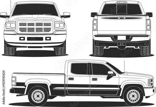 Black and white illustration of pickup truck front rear and side views detailed line drawing artwork perfect for automotive design transport technical sketch and vehicle concept content