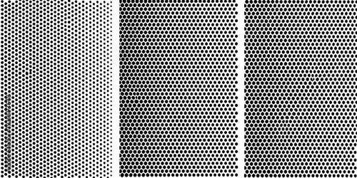 Three panels of halftone dots transitioning from sparse to dense patterns