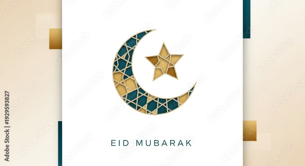 Obraz premium Elegant Eid Mubarak Greeting Card with Golden Crescent Moon and Star