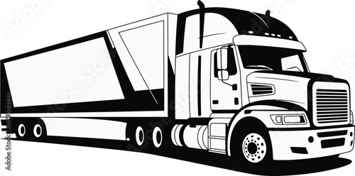 Black and white illustration of semi truck tractor trailer stylized bold design with detailed cab and long box trailer artwork perfect for transport logistics and commercial content