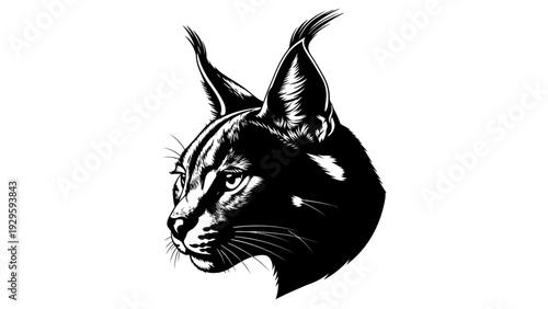 Black Caracal Head Silhouette, Wild Cat Portrait, African Lynx with Tasselled Ears, Vector Illustration