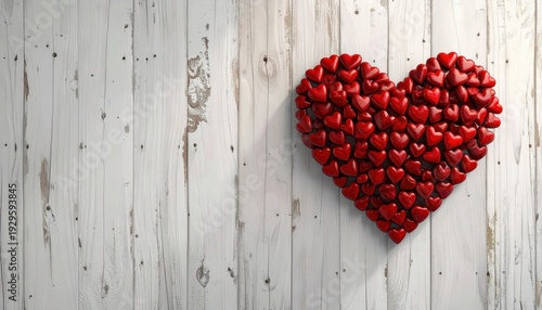 Heart Shape Made of Many Shiny Red Small Hearts on a Rustic White Wooden Background